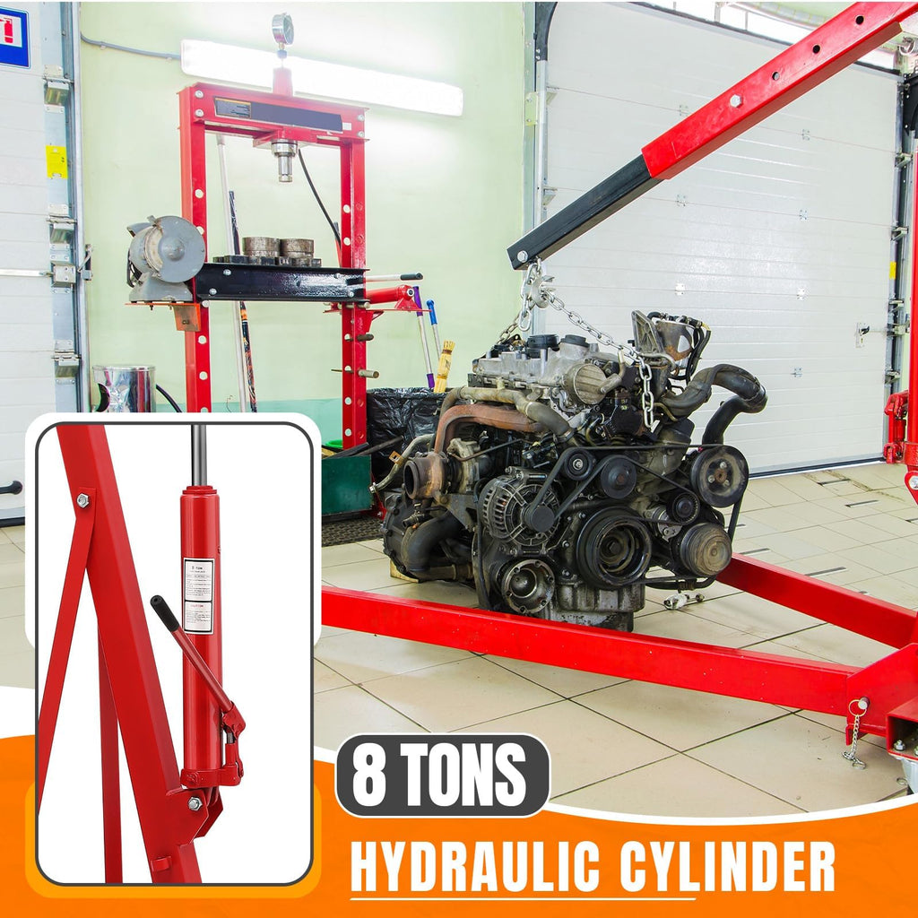 Garvee 2-Ton Engine Hoist - 4400 lbs Folding Hydraulic Cherry Picker, Heavy-Duty Shop Crane with 6 Caster Wheels and 4 Adjustable Boom Positions for Warehouse, Garage, and Workshop, Red