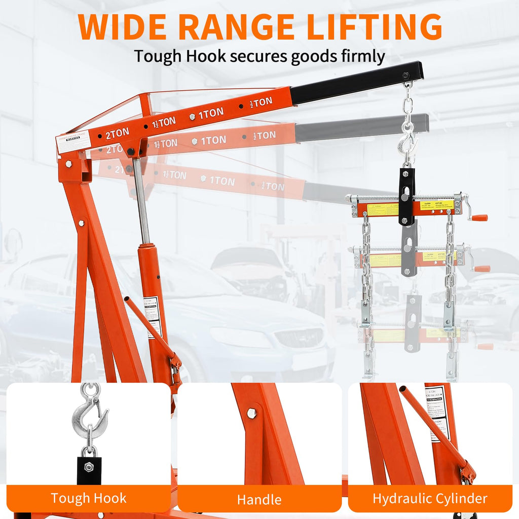 Garvee 2 Ton Folding Hydraulic Engine Hoist – Heavy Duty Cherry Picker – Adjustable Boom (0.5T-2T), Load Leveler, 4400 lbs Capacity – 6 Swivel Wheels, Hydraulic Pump – Engine Crane Lift for Garage, Workshop, Warehouse – Orange with Load Leveler