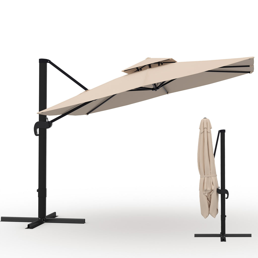 Garvee 10' × 10' Cantilever Patio Umbrella, 360° Rotating Aluminum Offset Umbrella with Adjustable Height, Khaki, Base Not Included