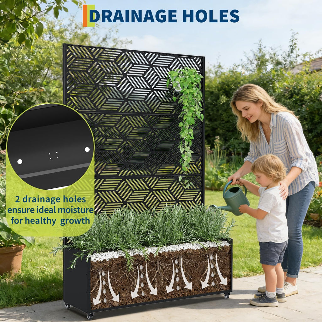Garvee Metal Planter Box with Trellis and Wheels, 71"x47"x16" Raised Garden Bed for Climbing Plants, Vegetables, Vines, Privacy Planters for Patio with Drainage Holes, 15.7" Deep Planting Bed