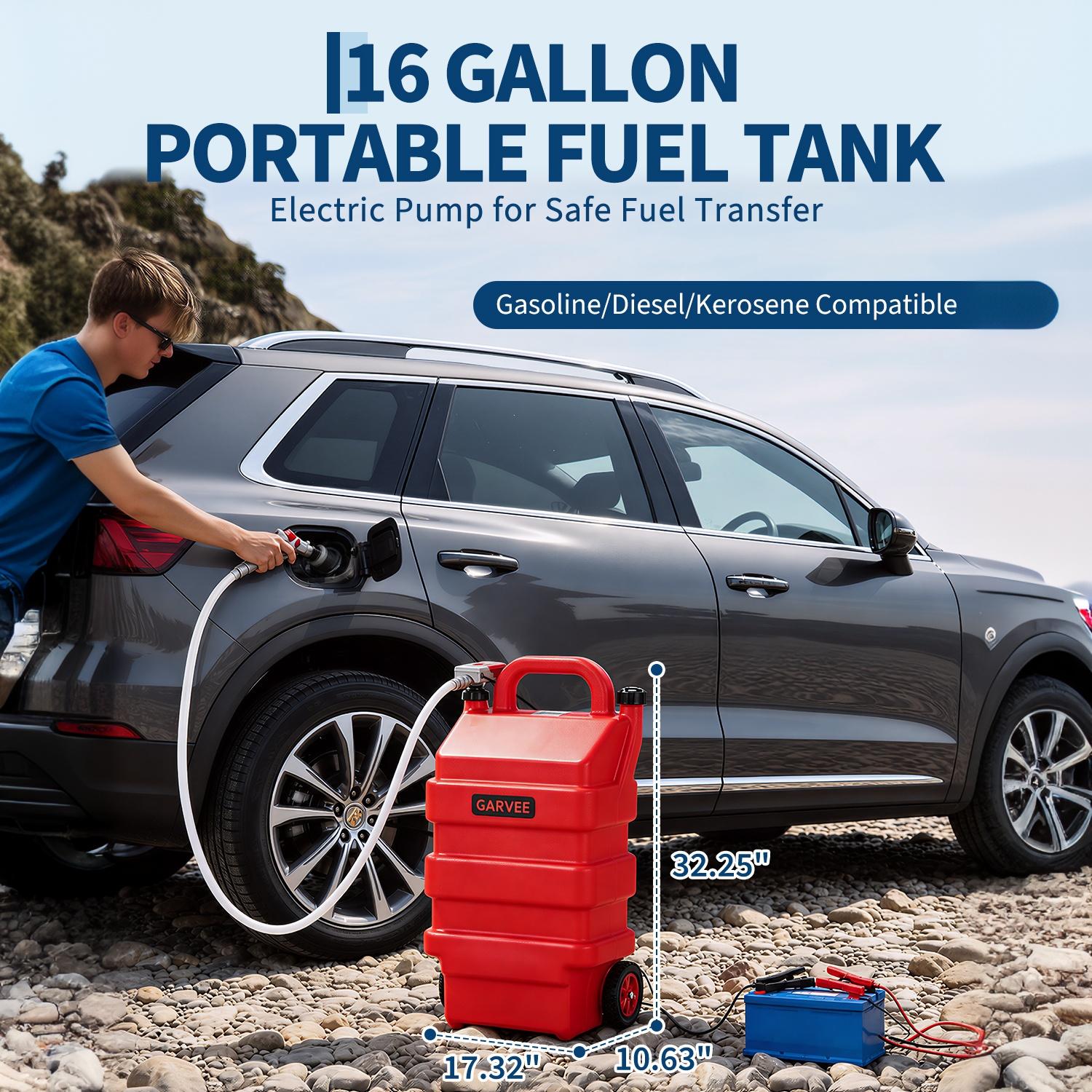 Garvee 16 Gallon Portable Fuel Caddy Tank with 12V/4AA Battery Powered 3.8 GPM Transfer Pump – HDPE Gasoline & fuel injection system Storage – Heavy Duty Wheels – For Workshop Use, Color: Red