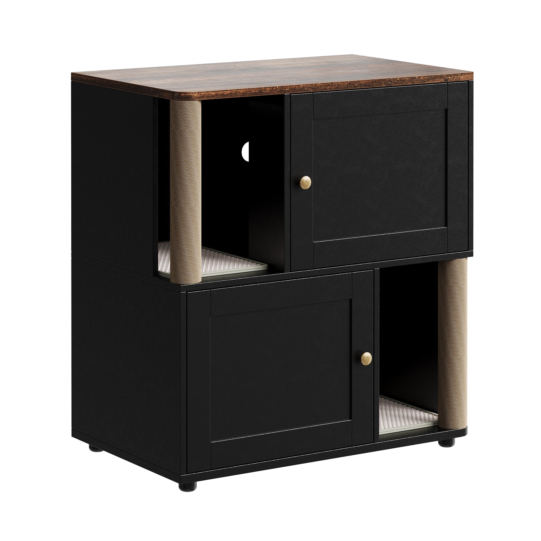 Garvee Double Cat Litter Box Enclosure for 2 Cats – 2-Tier Corner Cabinet with Marking Post, Litter Mats, Large Particle Board, Cat Washroom, Bed & Pet Waste Storage – Basic Black Model