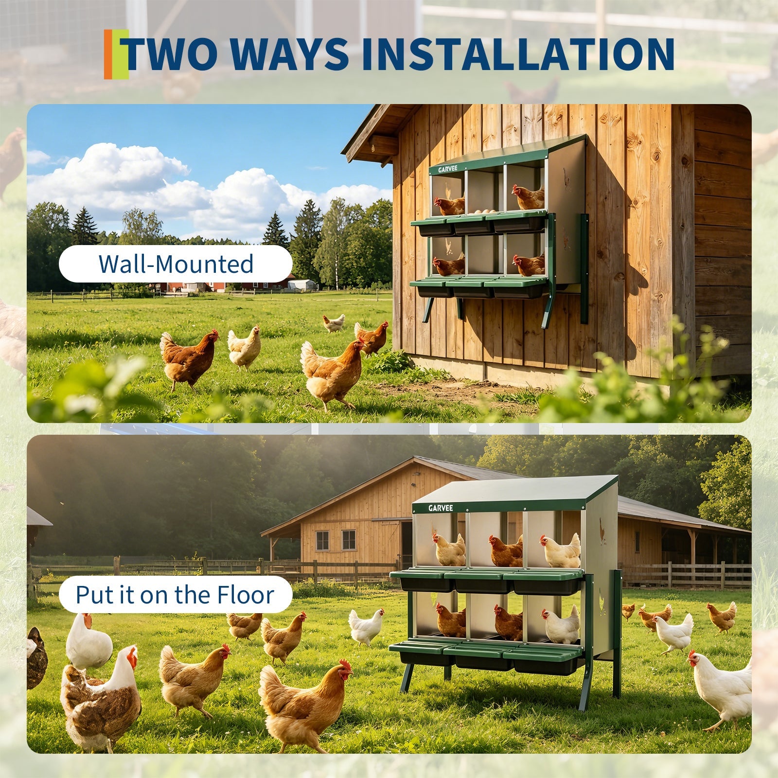 Garvee 6 Compartment Metal Chicken Nesting Box – Heavy Duty, Ventilated, Removable Tray & Perch, Easy Clean, Efficient Egg Collection for Hens, Ducks, Geese – Green with Chicken Design – Size: 6 Compartments, Color: Green (Side Chicken Design)