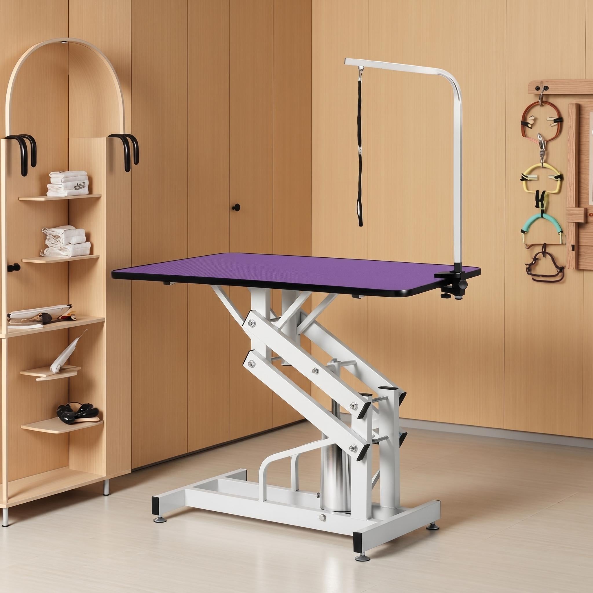 Garvee 42.5" Hydraulic Dog Grooming Table for Pet, Heavy Duty Z-Lift Hydraulic Max Load 350Lbs Professional Pet Grooming Table for Dogs with Adjustable Arm Noose Non-Slip Rubber Surface, Purple