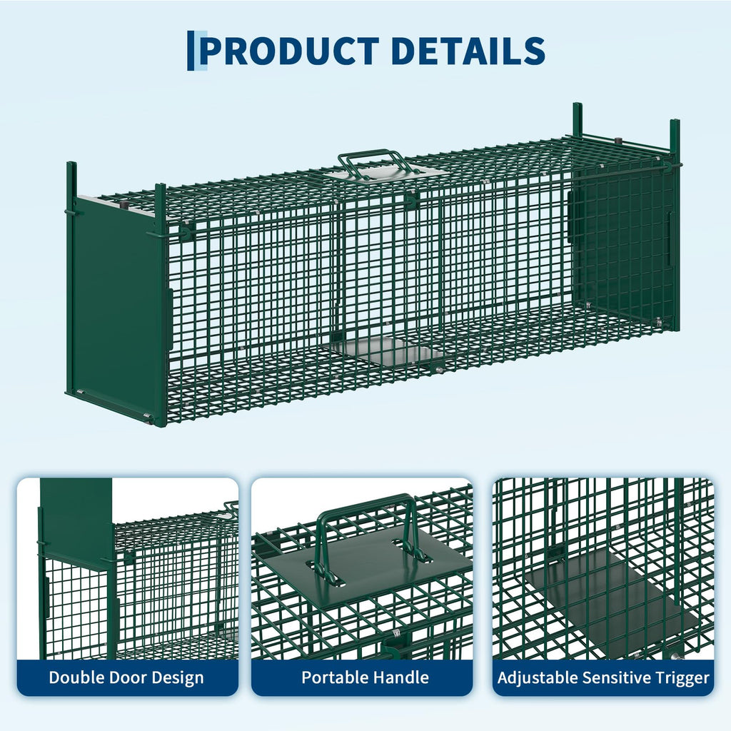 Garvee 2-Door Live Animal Trap Cage – Humane, Collapsible Steel, Sensitive Trigger, Carry Handle – For Raccoons, Feral Cats, Rabbits, Skunks, Foxes – Green: 39x10x11 in / 100x25x28 cm