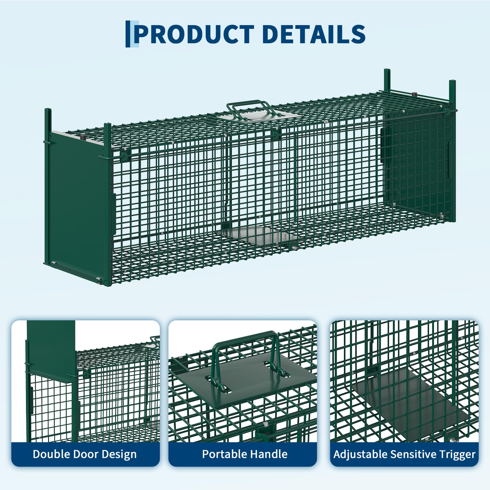 Garvee 2-Door Live Animal Trap Cage – Humane, Collapsible Steel, Sensitive Trigger, Carry Handle – For Raccoons, Feral Cats, Rabbits, Skunks, Foxes – Green: 39x10x11 in / 100x25x28 cm