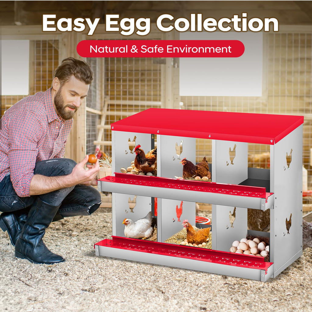 Garvee Chicken Nesting Box, 3 Room Galvanized Steel Laying Boxes, Metal Nesting Boxes for Hens with 10 Pads & 4 Fake Eggs, Easy Egg Collection, Vented Holes Poultry Nest for Chicken Coop, Red