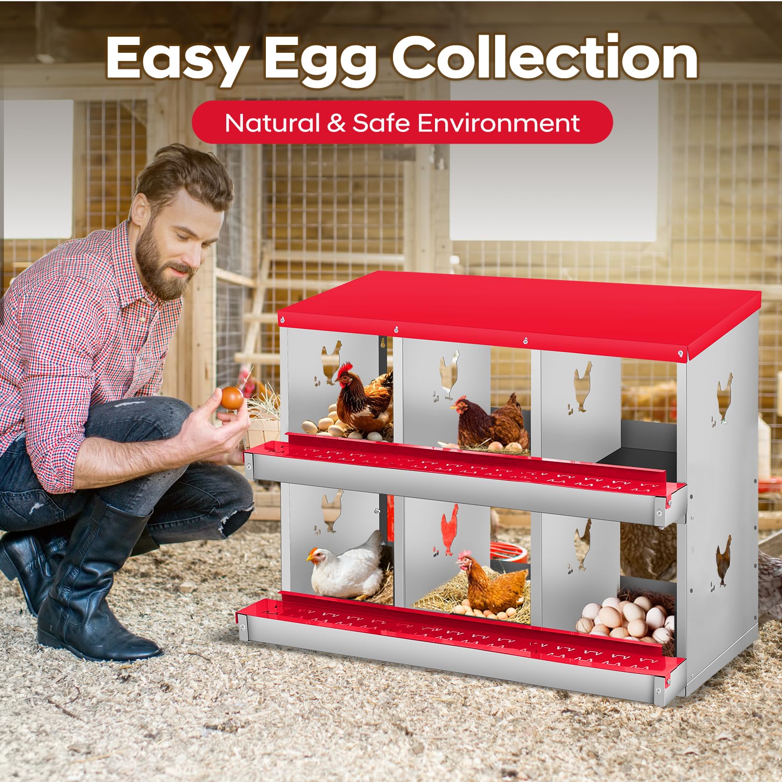 Garvee Chicken Nesting Box, 3 Room Galvanized Steel Laying Boxes, Metal Nesting Boxes for Hens with 10 Pads & 4 Fake Eggs, Easy Egg Collection, Vented Holes Poultry Nest for Chicken Coop, Red