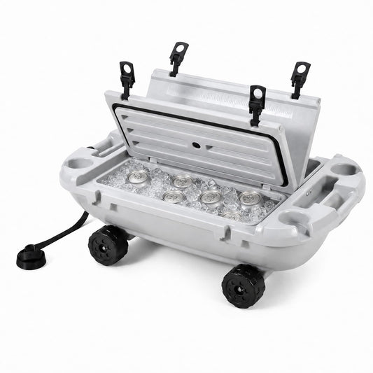Garvee 40L Floating Cooler with Wheels, 42.5QT Rotomolded All-Terrain Ice Chest with Tow Rope & 4 Cup Holders, Drift Mobile Beverage Cooler for River, Pool, Beach, Kayak, Cool Gray