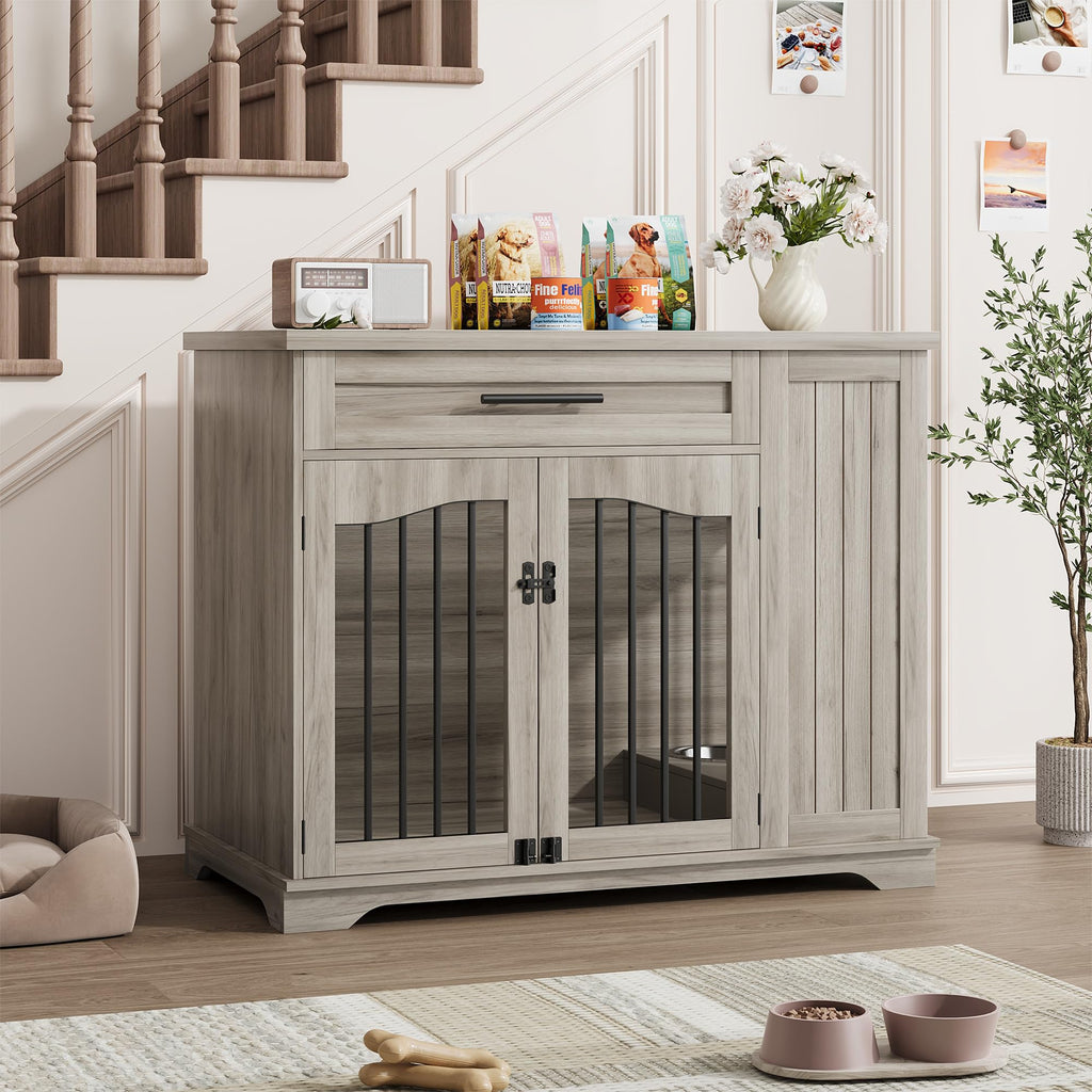 Garvee Wooden Dog Crate Furniture with Feeding Bowls & Storage, Heavy Duty Indoor Dog Kennel End Table, Decorative Furniture Dog Crate for Small Medium Large Dogs, Gray