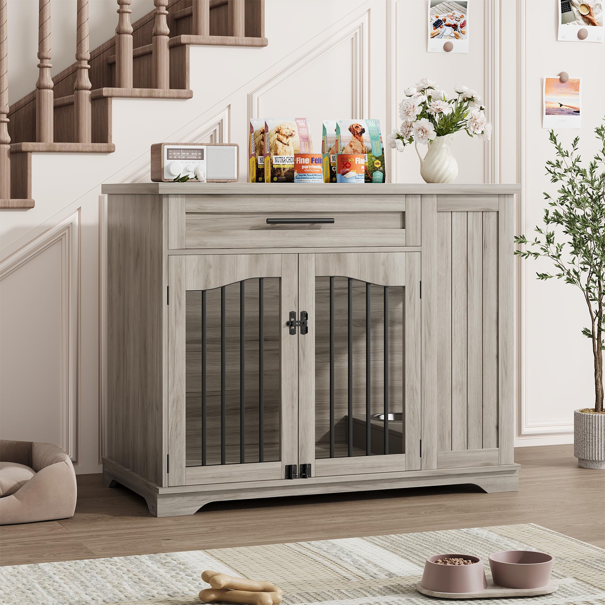 Garvee Wooden Dog Crate Furniture with Feeding Bowls & Storage, Heavy Duty Indoor Dog Kennel End Table, Decorative Furniture Dog Crate for Small Medium Large Dogs, Gray