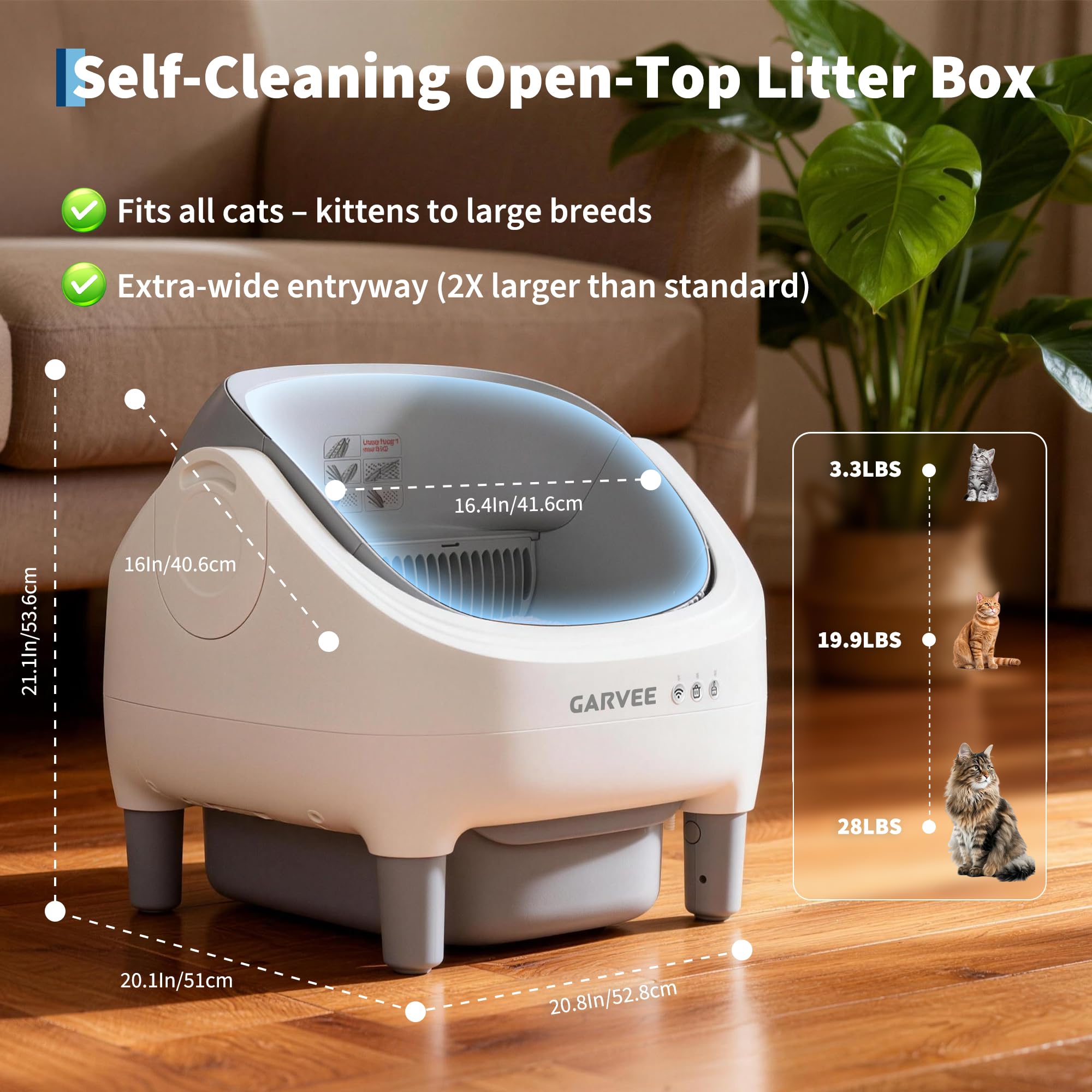 Garvee Self-Cleaning Cat Litter Box with App Control, Automatic Litter Box with Odor-Free 10.5L Bin, Whisper-Quiet, 7-Layer Safety, Open-Top Design for Large & Multiple Cats, Gray