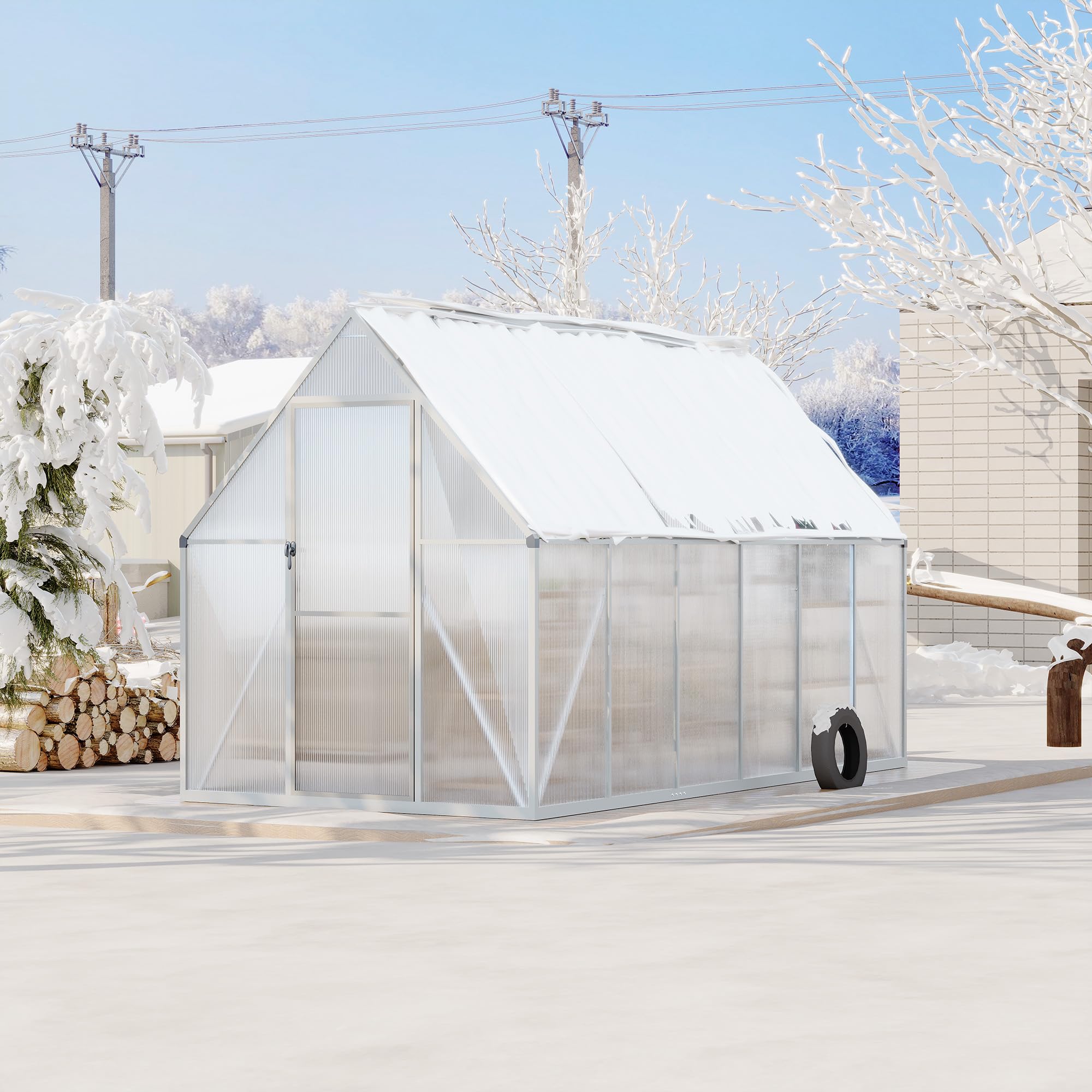 Garvee Heavy Duty Aluminum Polycarbonate Greenhouse Kit - 6x11 FT Large Walk-In Outdoor Garden Greenhouse with Roof Vent, Double Swing Doors, Quick Setup, Enhanced Ventilation - Silver