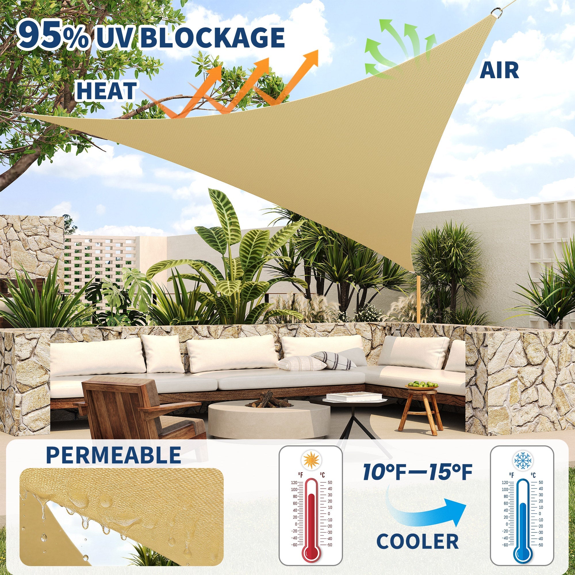 Garvee Sun Shade Sail 16'X16'X16' Triangle Sand UV Block Sunshade for Backyard Yard Deck Patio Garden Outdoor Activities and Facility, Sand