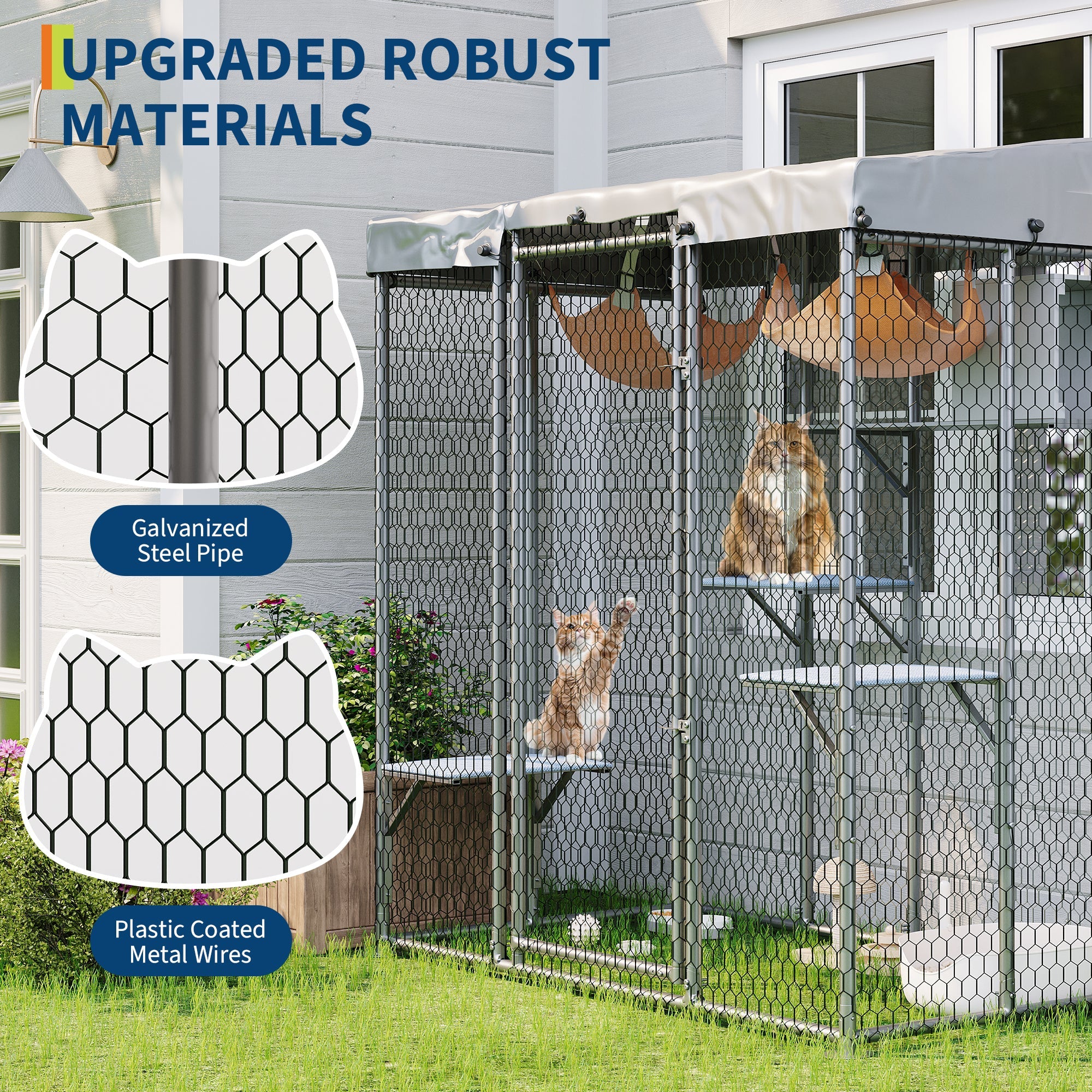 Garvee Large Outdoor Cat House Catio, Walk-In Metal Enclosure with 4 Platforms, Hammock, Weatherproof Canopy, Resting Condo, Spacious Shelter for Multiple Cats, Patio/Yard Use – Size JYCC-X200