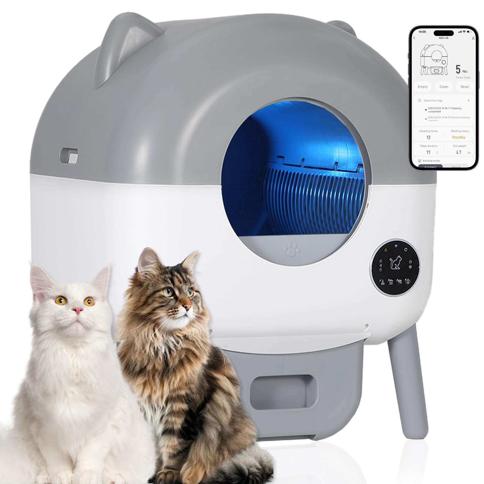 Garvee Automatic Self Cleaning Litter Box, 76L Capacity Extra Large Automatic Cat Litter Box for Multiple Cats, Smart Safety Sensors, App Control, Low Noise, Washable Tray & Trash Bag, Gray