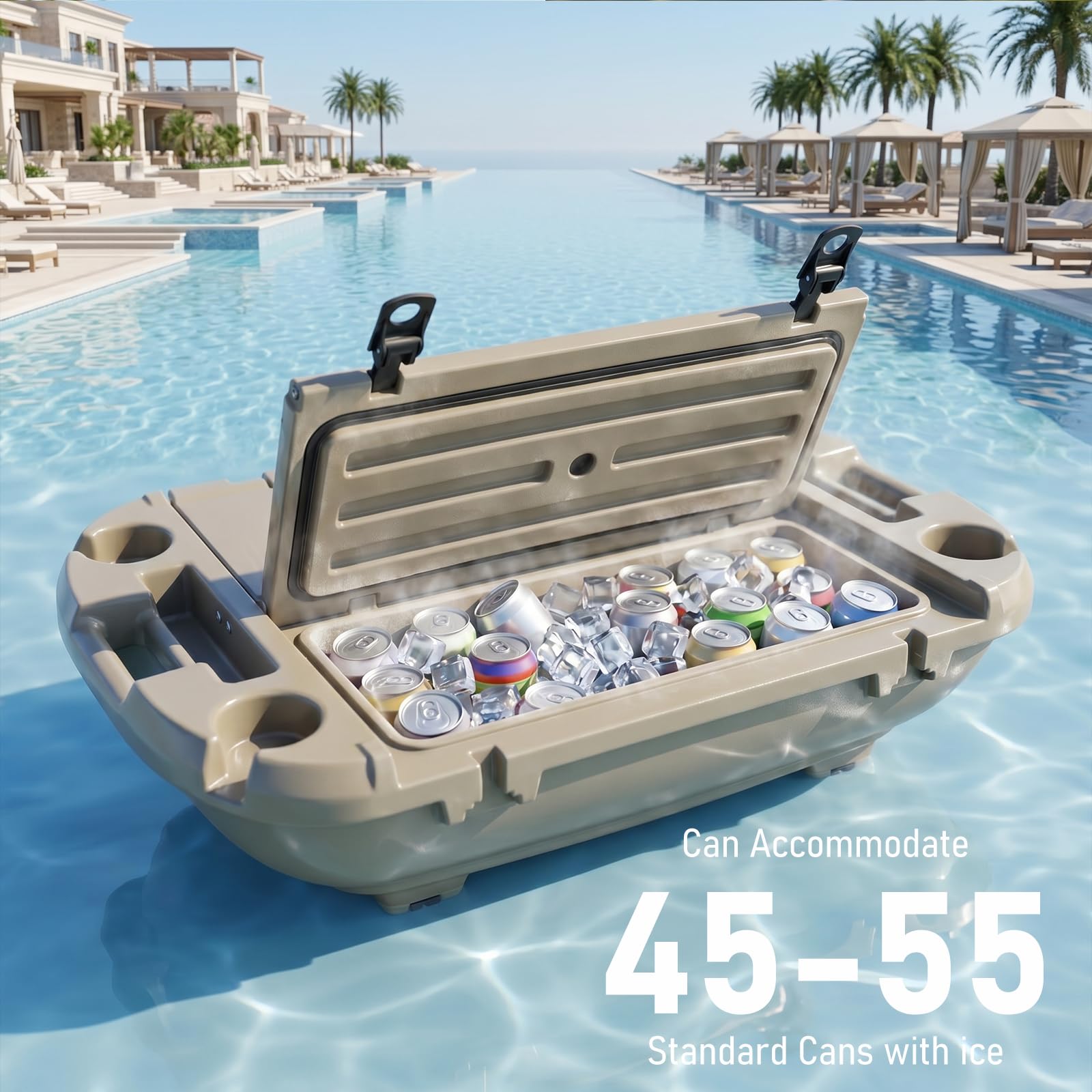 Garvee 40L Floating Cooler for River, Lake & Pool, 42.5QT Rotomolded LLDPE Ice Chest with Tow Rope & 4 Cup Holders, Heavy-Duty Drift Marine Beverage Cooler for Kayak, Boating, Camping, Khaki