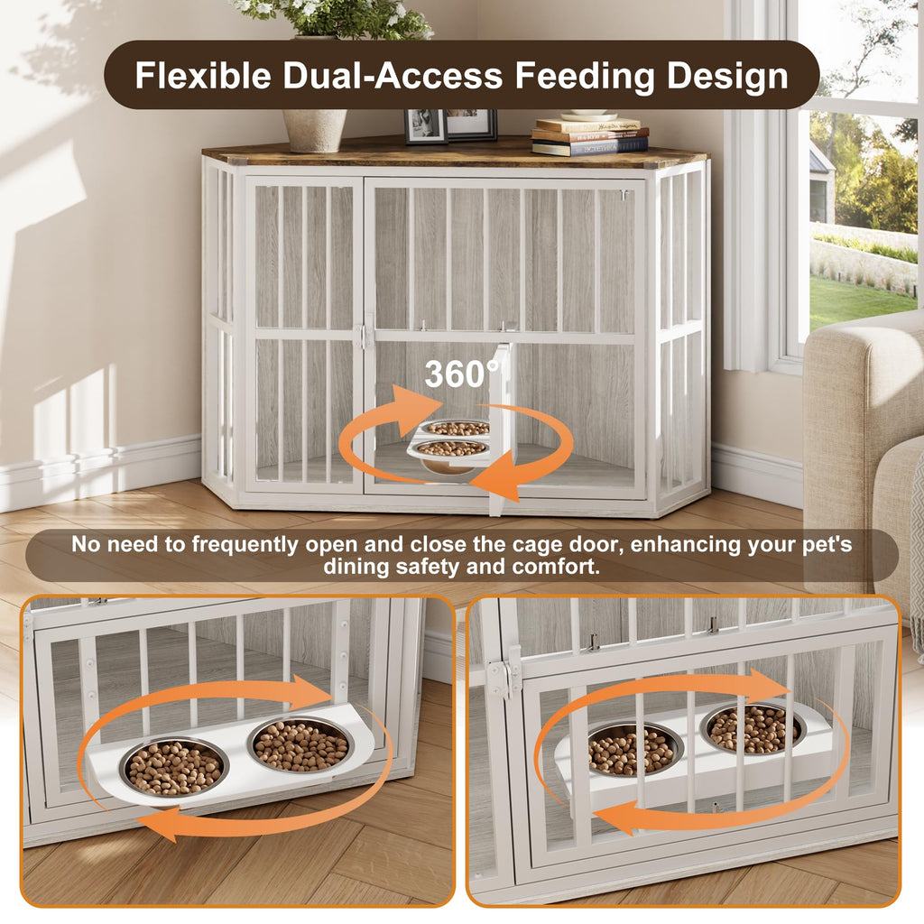 Garvee Space-Saving Corner Dog Crate Furniture – Wooden Indoor Kennel End Table with 360° Rotating Door, Stainless Steel Feeding Bowls, Decorative Design for Small Dogs, Washed White, Classic + Washed White + White Iron Frame