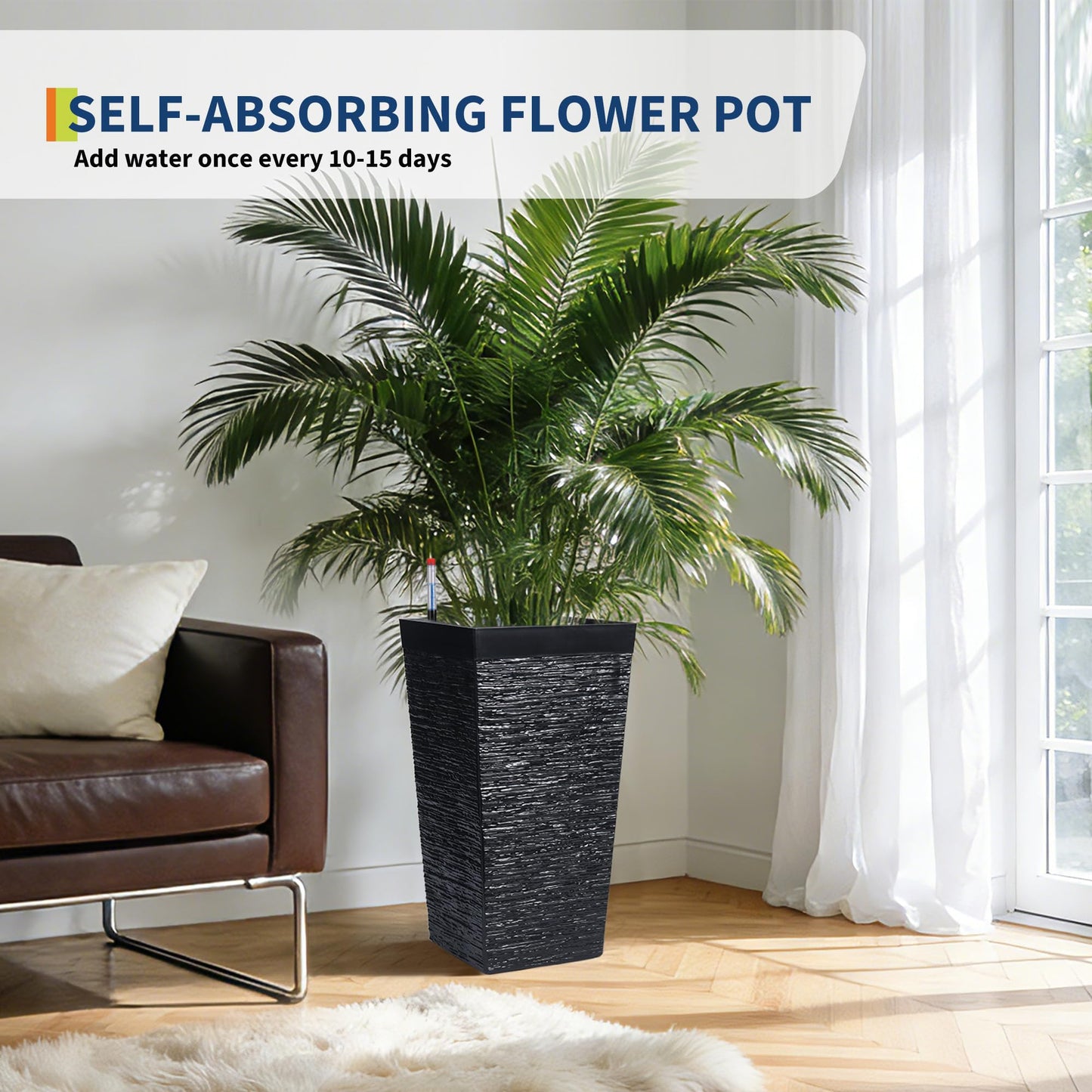 Garvee Self-Watering Tall Planters for Porch and Patio, 2-Pack 22.5-Inch Black Plastic Pots with 2 Water Gauges and Removable Trays
