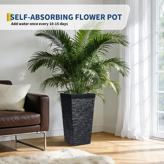 Garvee Self-Watering Tall Planters for Porch and Patio, 2-Pack 22.5-Inch Black Plastic Pots with 2 Water Gauges and Removable Trays