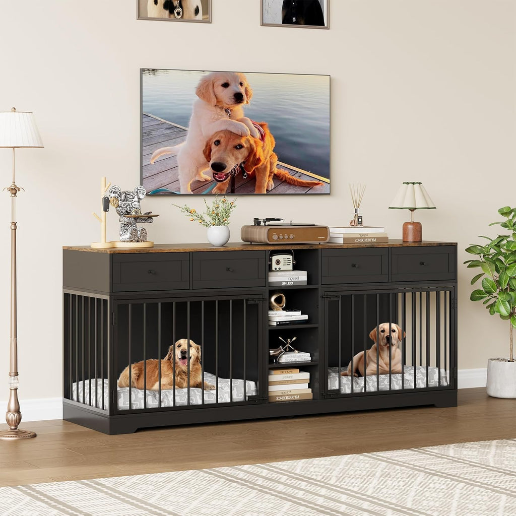 Garvee 82" Large Dog Crate for 2 Dogs, Dog Kennel Indoor with 4 Drawers and Shelves, Heavy Duty Double Dog Crate Furniture TV Stand, Wooden Dog Cage for Medium Large Dogs, Black+Brown