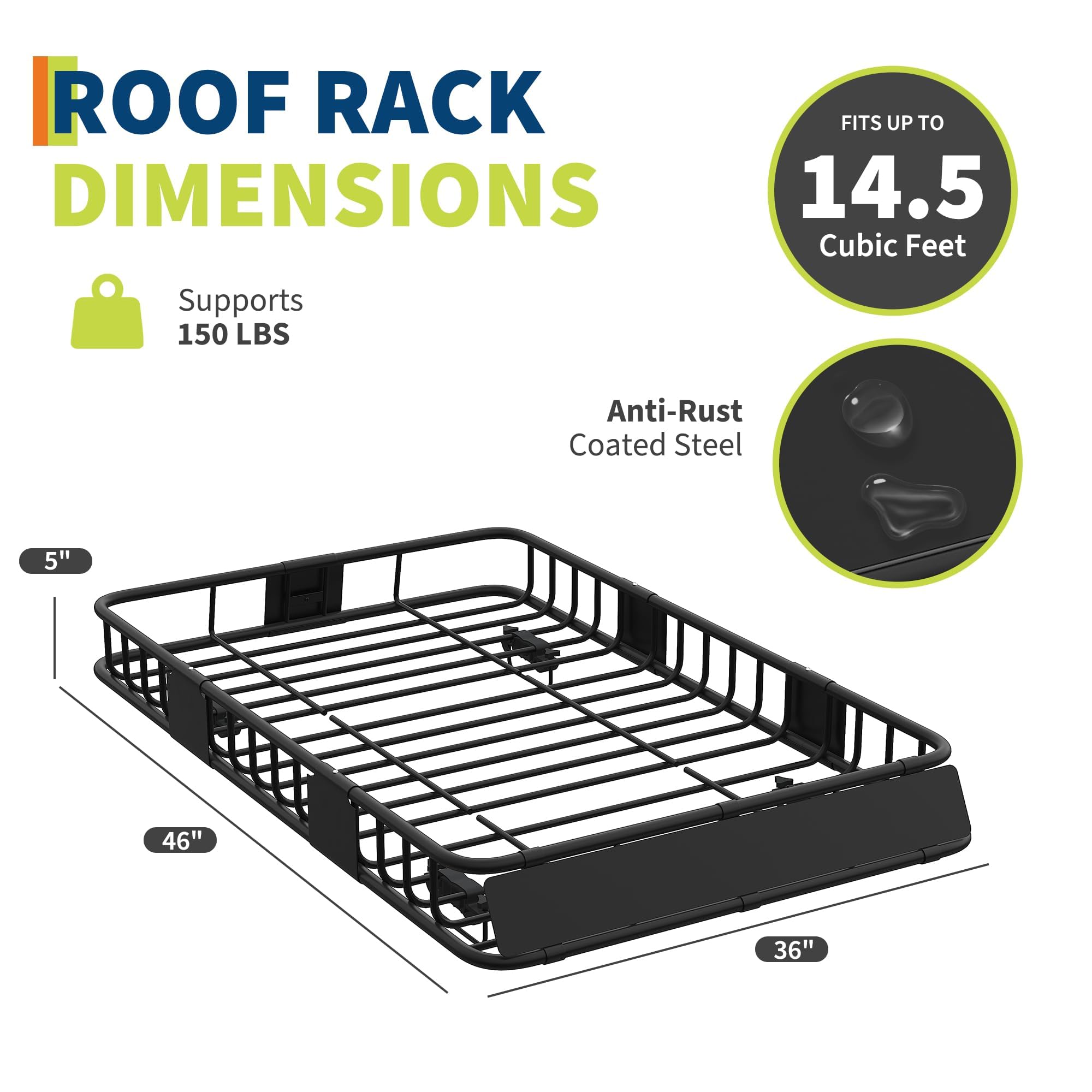 Garvee 46" X 36"X 5" Universal Roof Rack Basket, Heavy-Duty Steel, 200 lbs Capacity, Rust-Resistant Powder Coating, Adjustable Size for Camping & Travel