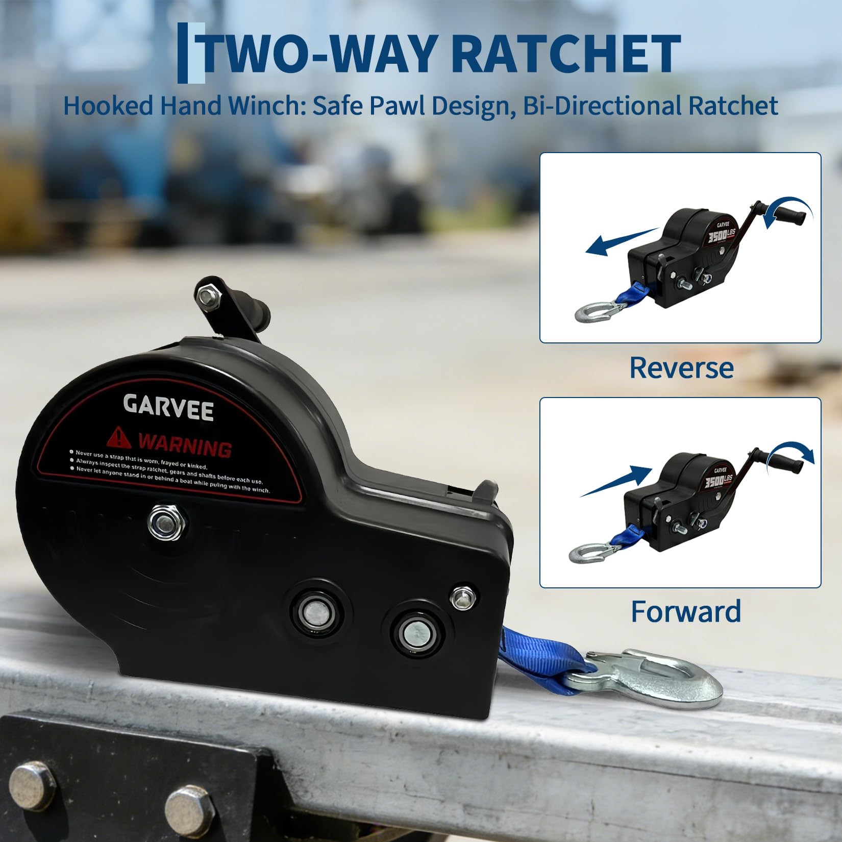 Garvee 3500 lbs Heavy-Duty Boat Trailer Winch - Hand Crank Winch with 33ft Strap, 4:1/8:1 Gear Ratio for Towing and Pulling Boats, Trailers, Trucks, RVs, ATVs, Jet Skis, and Off-Road Recovery, Blue