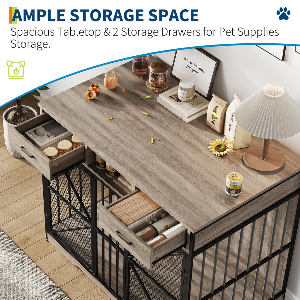 Garvee 44 Inch Dog Crate Furniture with Drawers, Wooden Dog Cage with Open Compartment & Double Doors, Heavy Duty Indoor House End Table for Small Medium Large Breeds, Vintage Brown & Black