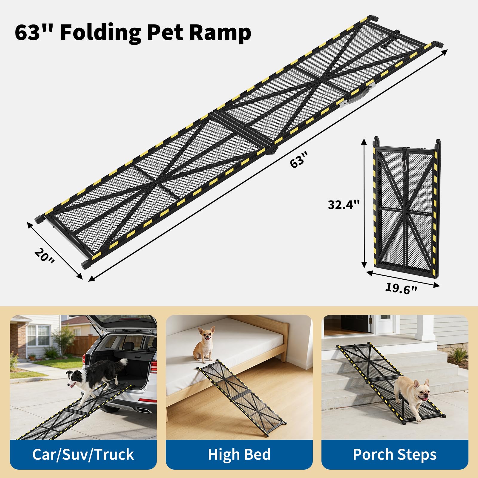 Garvee 63"×20" Portable Dog Ramp for Cars,  Heavy Duty Steel Folding Pet Ramp for Large Dogs with Anti-Slip Mesh Incline Access Car Ramp for SUV/Truck/RV, Outdoor Dog Ramp 300 lbs Capacity
