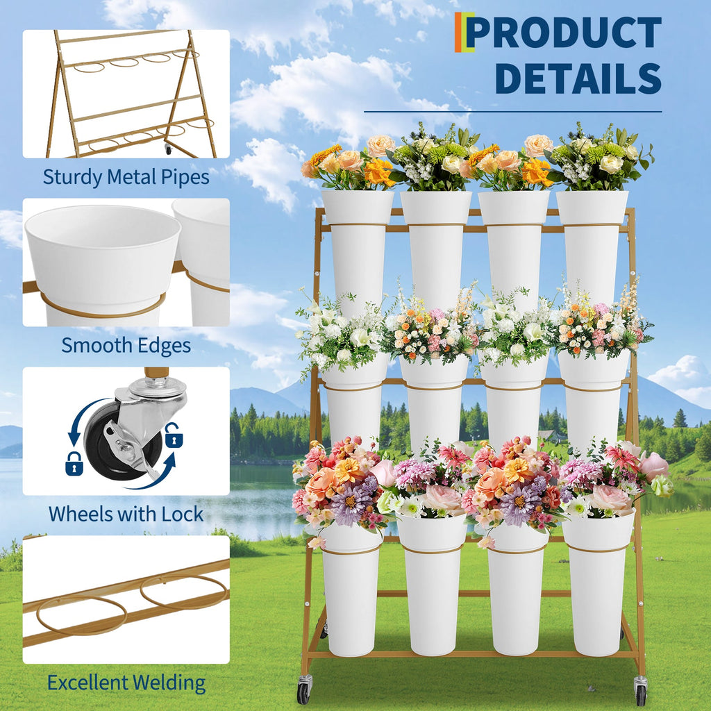 Garvee 3-Tier Gold Metal Flower Stand with 12 Removable Round Buckets, Mobile Plant Display Shelf – Heavy Duty Indoor Outdoor Plant Rack with Wheels for Garden, Patio, Shop, Wedding – Size: 90×55×120cm, Color: Gold