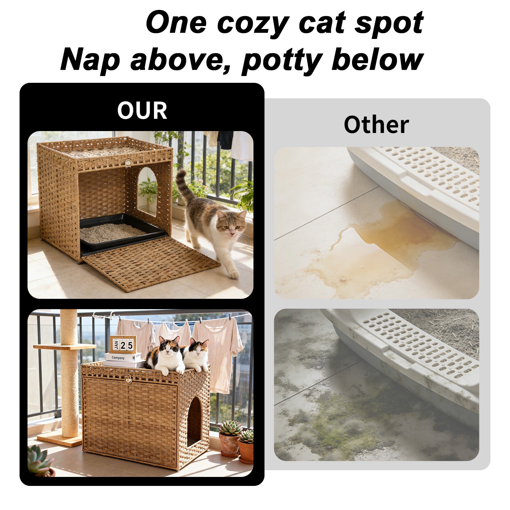 Garvee Handwoven Rattan Cat Litter Box Cabinet – Large Hidden Enclosure with Removable Mat and Fence – Stylish Boho Furniture, Easy to Clean, Covered Litterbox for Indoor Cats – Natural Color
