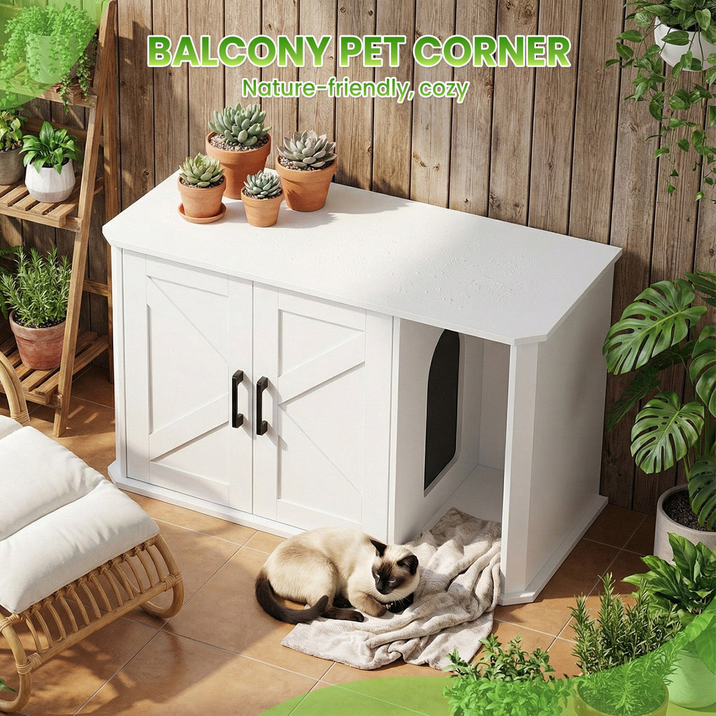 Garvee Modern Wooden Cat Litter Box Furniture – Double-Door Hidden Washroom Cabinet with Side Entry – Easy to Clean, Odor Control – Spacious Cat House End Table – White