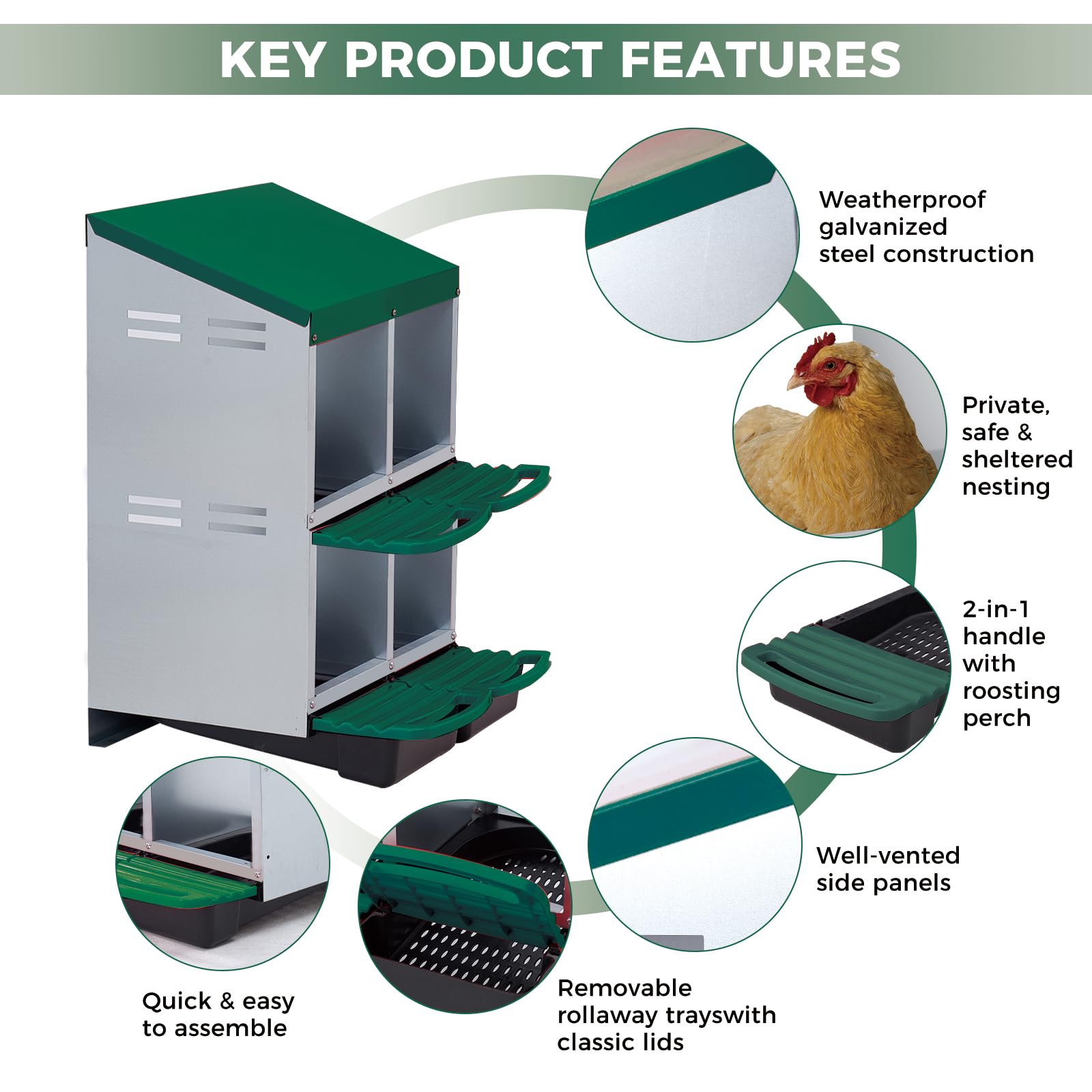 Garvee 4-Compartment 2-Tier Chicken Nesting Box – Roll-Away Tray & Support Stand, Green