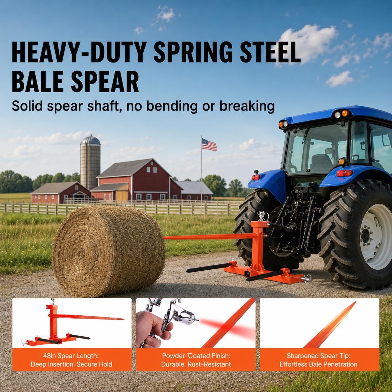 Garvee Heavy Duty 49" Hay Spear Tractor Attachment, 1600lbs Capacity 3-Point Hitch Attachment with Stabilizer Spears, Red