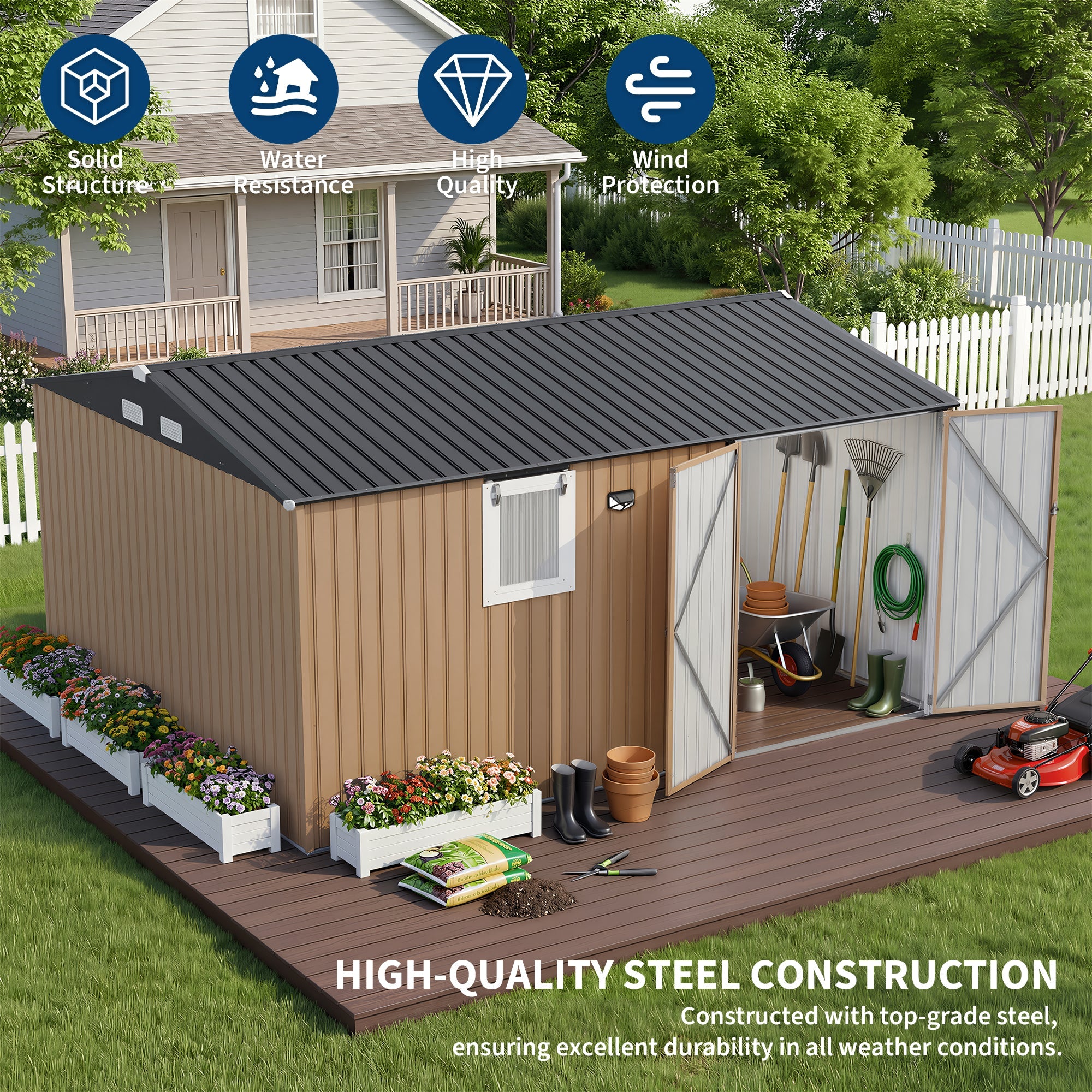 Garvee Metal Outdoor Storage Shed 10 ft x 12 ft – Heavy-Duty Lockable Garden Storage Cabinet with Doors & Windows, Weather-Resistant for Patio, Lawn & Backyard, Brown & Black