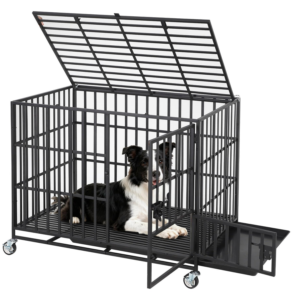 Garvee 42 Inch Heavy Duty Dog Crate, Escape-Proof Steel Dog Kennel Indoor with 3 Doors, Removable Tray, Large Metal Dog Cage with Wheels for Large and Medium Dogs, Black