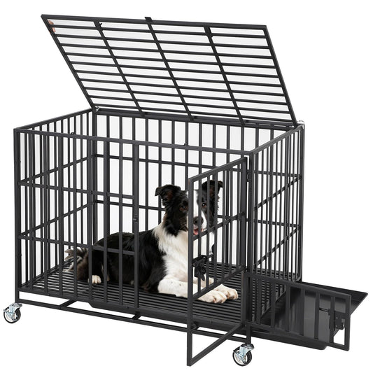 Garvee 42 Inch Heavy Duty Dog Crate, Escape-Proof Steel Dog Kennel Indoor with 3 Doors, Removable Tray, Large Metal Dog Cage with Wheels for Large and Medium Dogs, Black