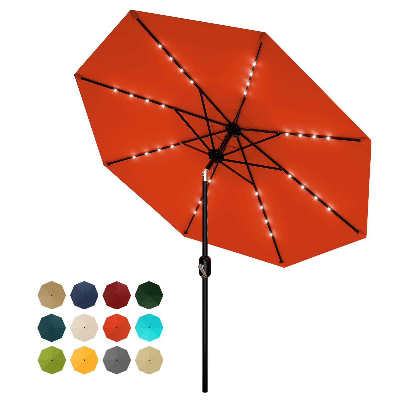 Garvee 10 FT Patio Umbrella with Solar Lights, Outdoor Table Umbrella with 8 Durable Ribs, Tilt & Crank Mechanism, Waterproof & UV Protection for Garden, Backyard, Poolside, Orange