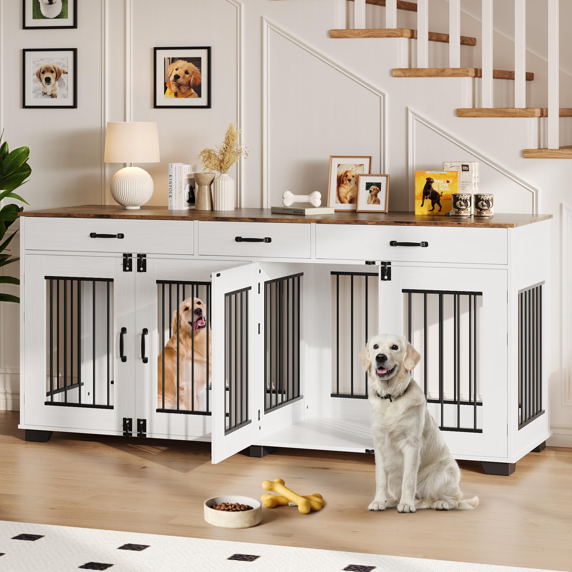 Garvee 71-Inch Large Dog Crate with Divider and 3 Drawers, Spacious Wooden Indoor Kennel, Double Doors with Locks, Brown & White, for Medium Large Dogs, Home Use