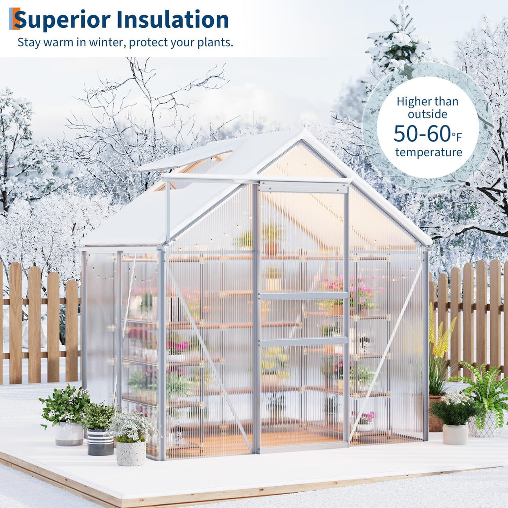 Garvee 6 x 4 FT Polycarbonate Greenhouse with Aluminum Frame, Sliding Door & Adjustable Roof Vent, Heavy-Duty Outdoor Greenhouse for Backyard, Garden, Patio
