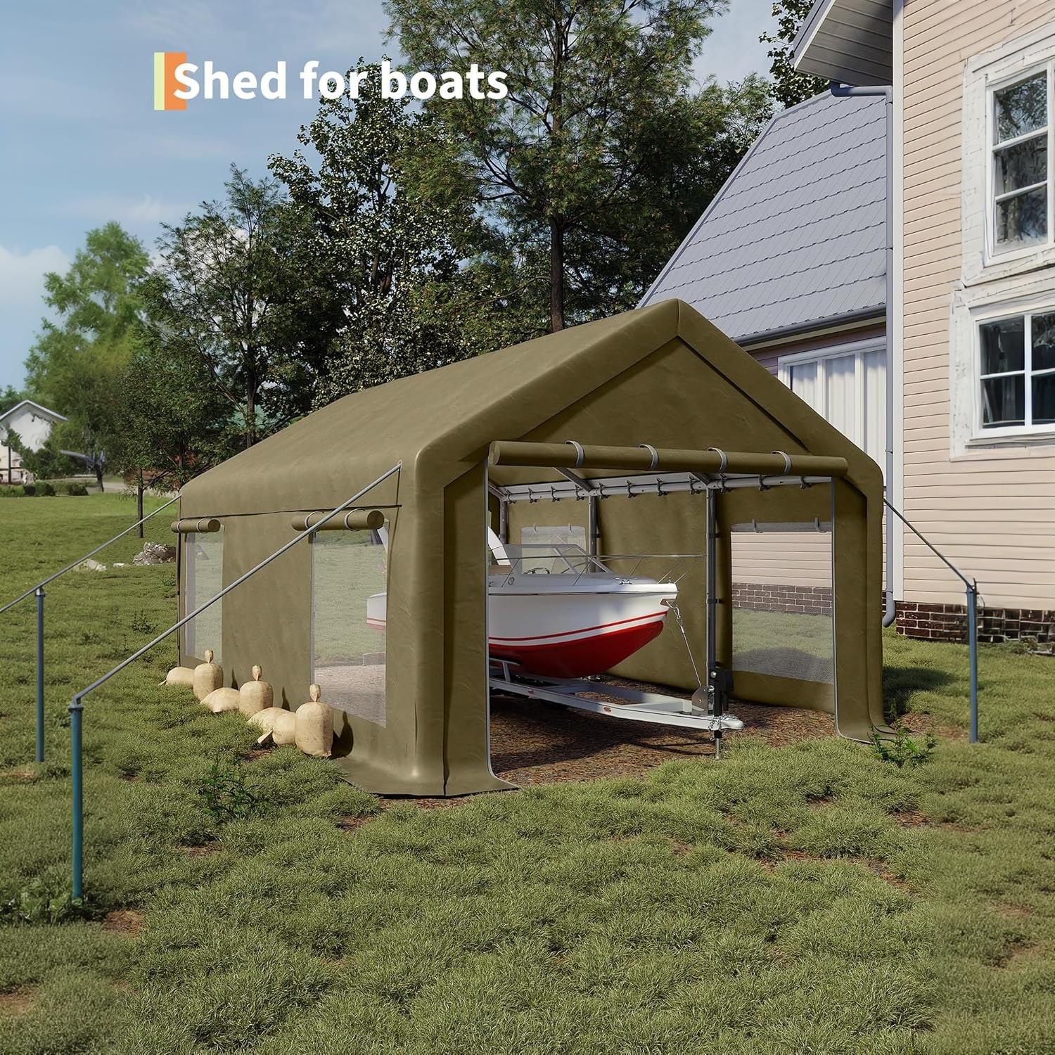 Garvee 10' × 20' Portable Garage, 200 GSM PE Carport Canopy with 2 Roll-Up Doors, 4 Mesh Windows, Galvanized Steel Frame, Khaki