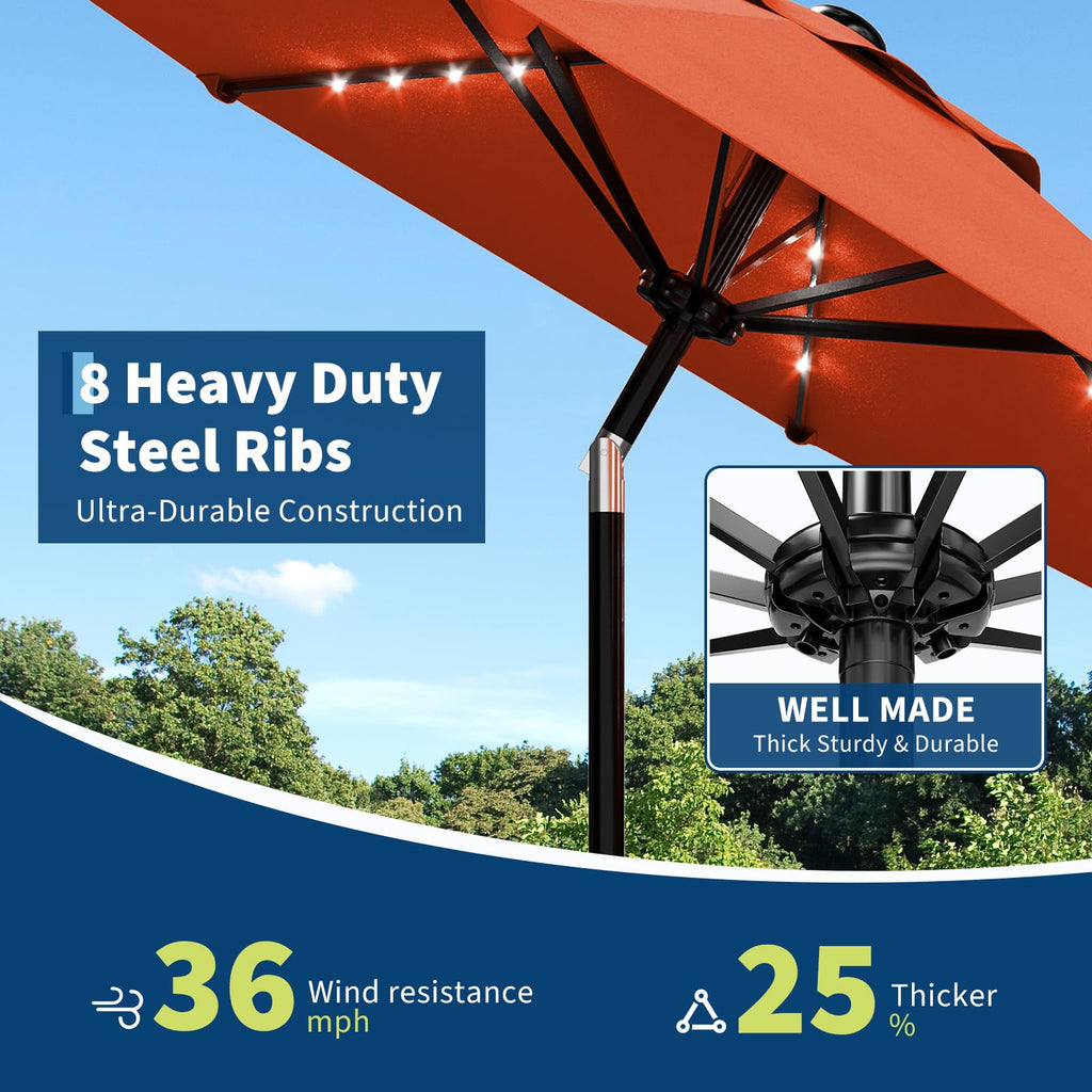 Garvee 10 FT Patio Umbrella with Solar Lights, Outdoor Table Umbrella with 8 Durable Ribs, Tilt & Crank Mechanism, Waterproof & UV Protection for Garden, Backyard, Poolside, Orange