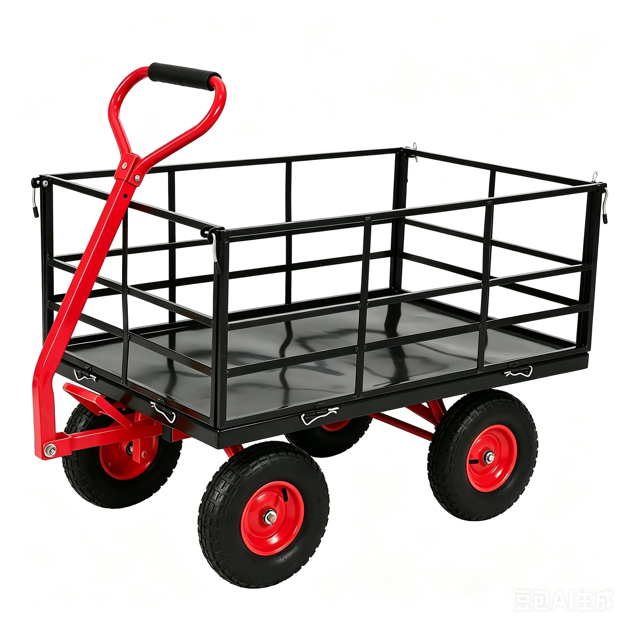 Garvee Steel Garden Cart for Lawn and Landscaping, 1500 lbs Capacity with 13-Inch Wheels, Removable Sides and Swivel Handle, Red and Black