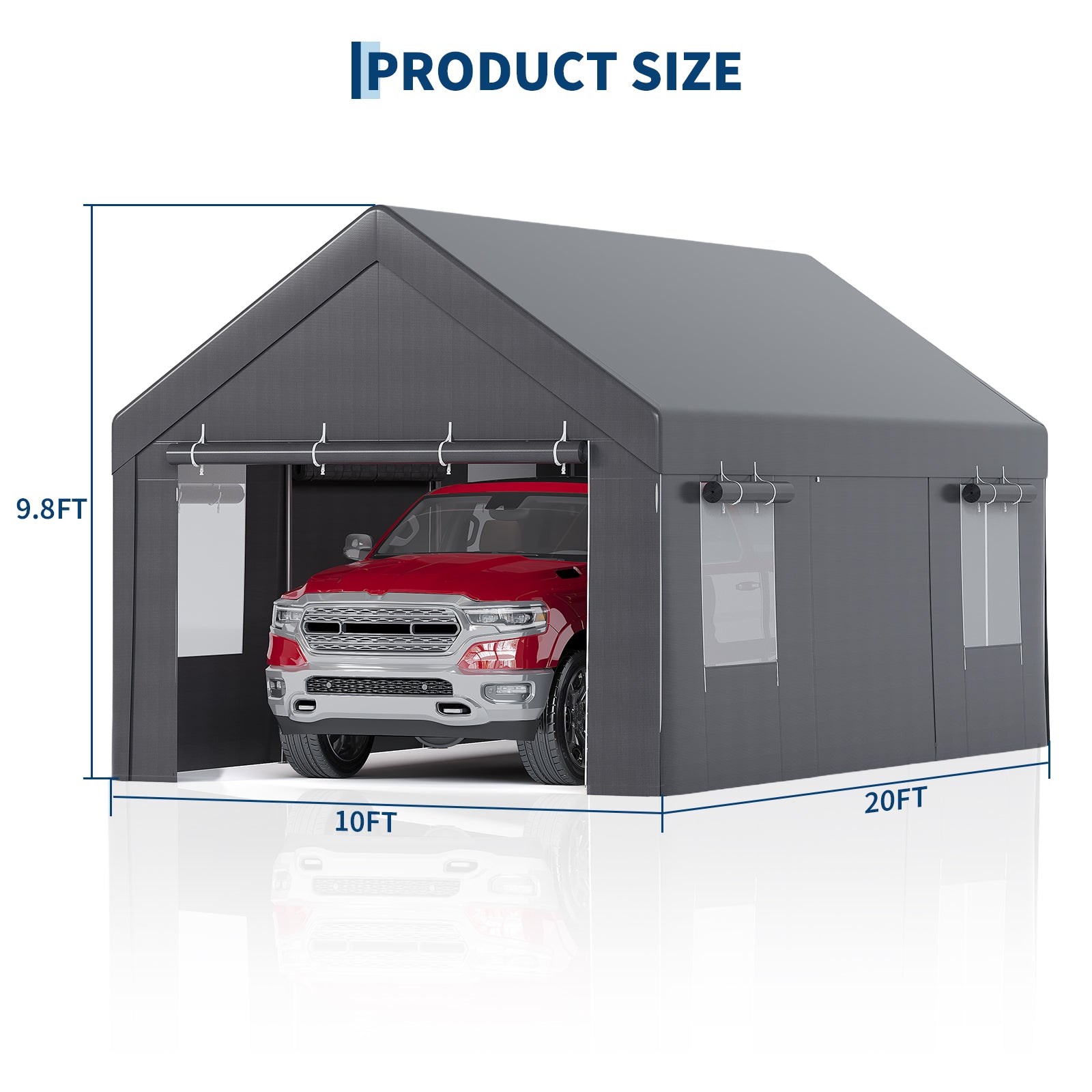 Garvee 10' x 20' Portable Carport, 4 Roll-Up Doors, 4 Vent Windows, Waterproof PE Cover, Galvanized Steel Frame for Cars, Trucks & Boats, Gray