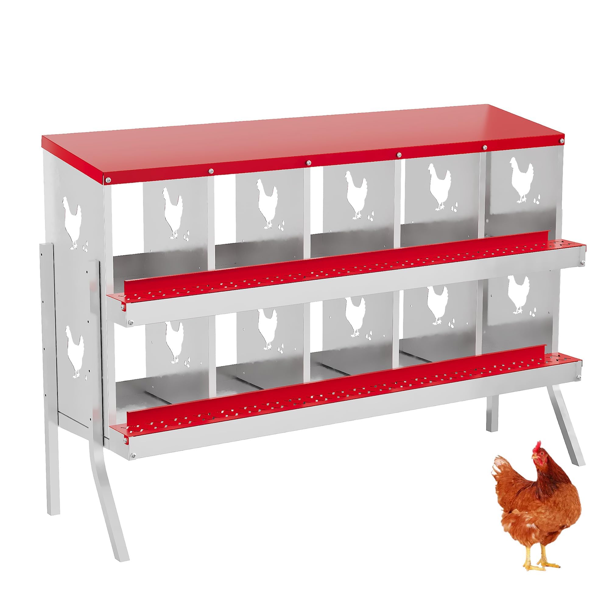 Garvee 10-Compartment Metal Chicken Nesting Box – Rustproof Roll-Away Egg Collection, Easy-Clean Ventilated Hen Coop Accessory, Secure Lid & Swing Perch, for Hens Ducks Poultry, Red, 10 Grids (Without Bracket)