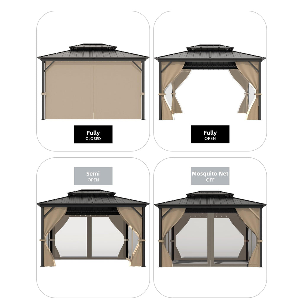 Garvee Hardtop Gazebo 12 ft x14 ft for All Weather, with Double Metal Roof, Aluminum Alloy Frame, Net, and Curtain, Permanent Building for Patio, Deck, Backyard, Lawn, and Garden, Khaki