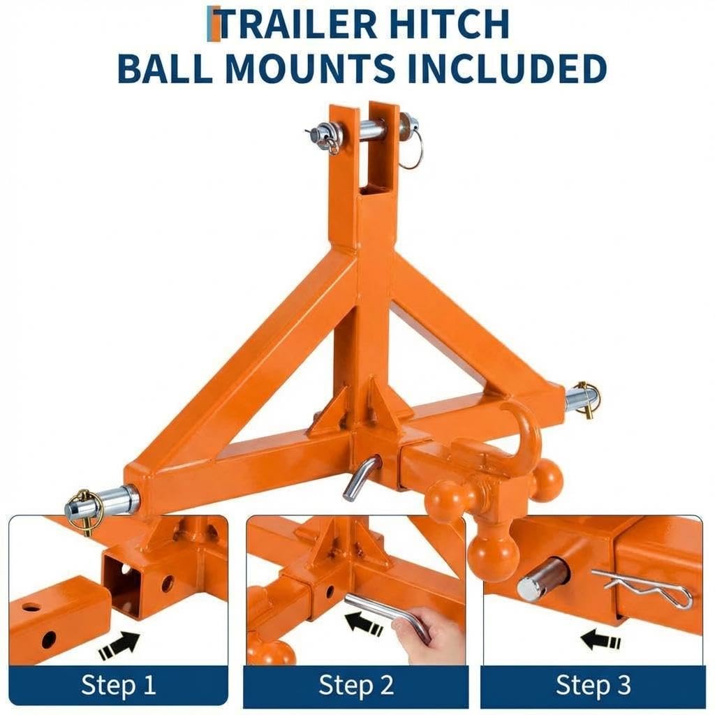 Garvee 3 Point Trailer Hitch 2" Receiver and Towing Ball Hitch with Hook Heavy Duty Cat.1 Tractor Drawbar 3Pt Quick Hitch Attachment for Kubota, Category 1 Subcompact Tractor Farm Equipment