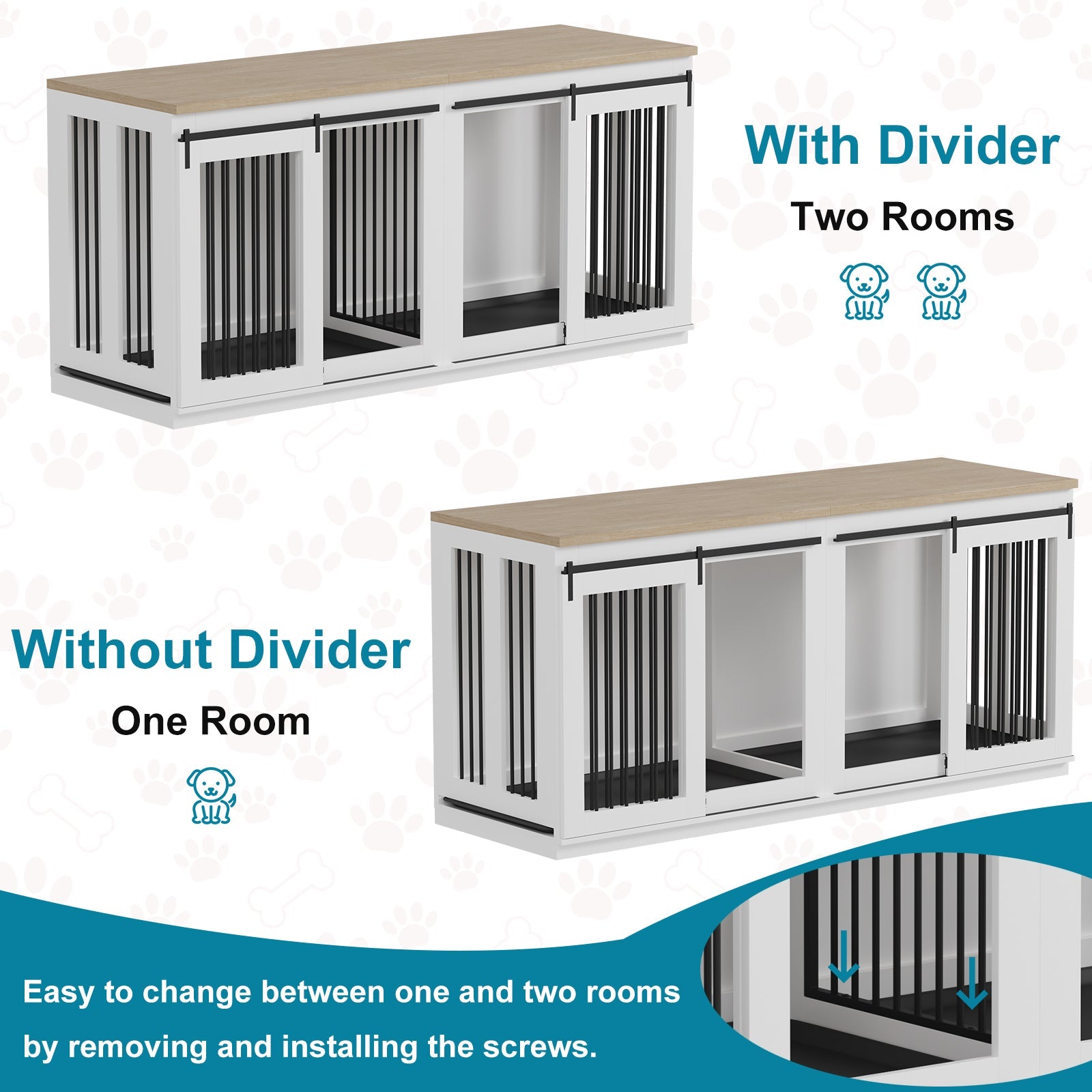 Garvee Heavy Duty Double Dog Crate Furniture for 2 Large Dogs – Wooden Dog Kennel with Removable Divider, Sliding Barn Door, 2 Trays, TV Stand, Modern Indoor End Table – Color: White / Light Oak