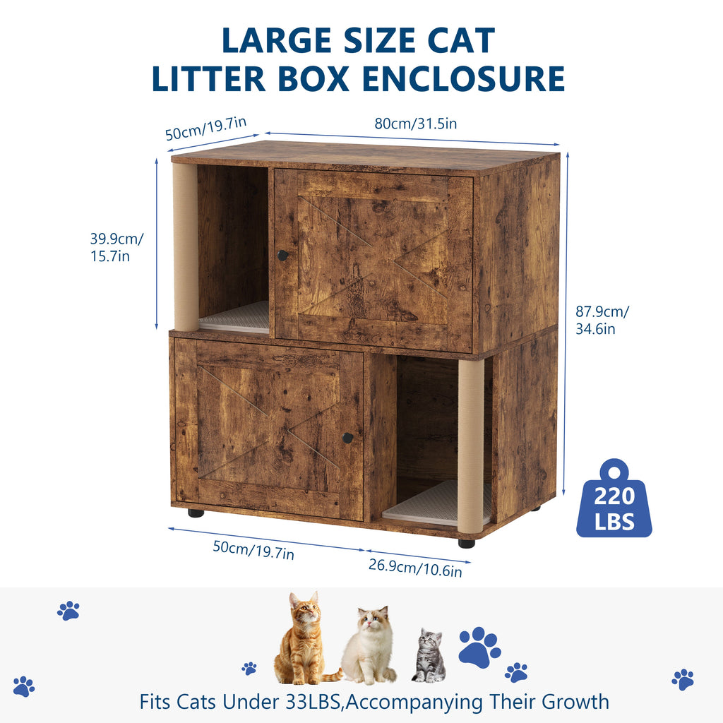 Garvee Double Cat Litter Box Enclosure Furniture for 2 Cats – Modern 2-Tier Wooden Cabinet with Hidden Odor Control, Marking Post, Dual Litter Mats, Dog-Proof End Table – X-Gate Tiger Wood