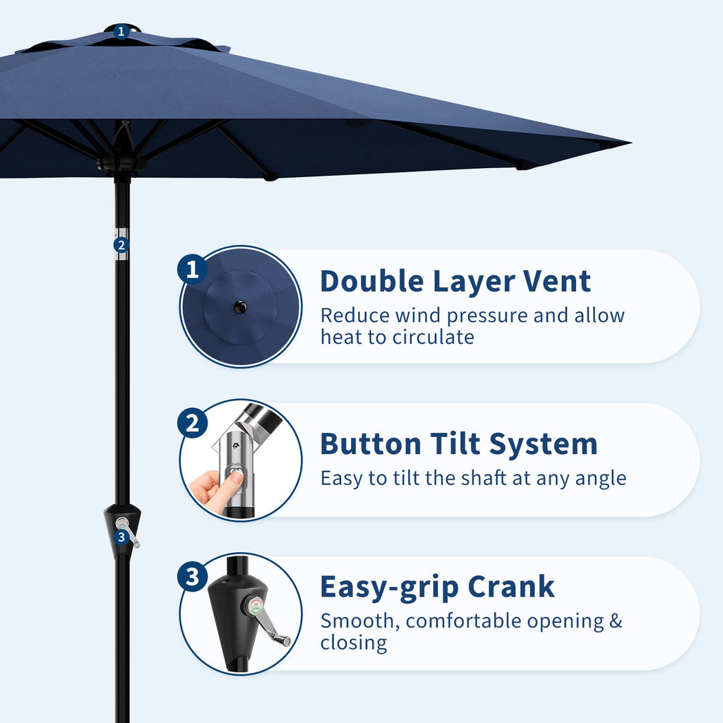 Garvee Navy Blue 10FT Patio Umbrella for Outdoor Table – Waterproof Market Umbrella with Smooth Crank Lift, Push Button Tilt, 8 Sturdy Ribs, UV Protection – For Pool, Deck, Garden, Yard